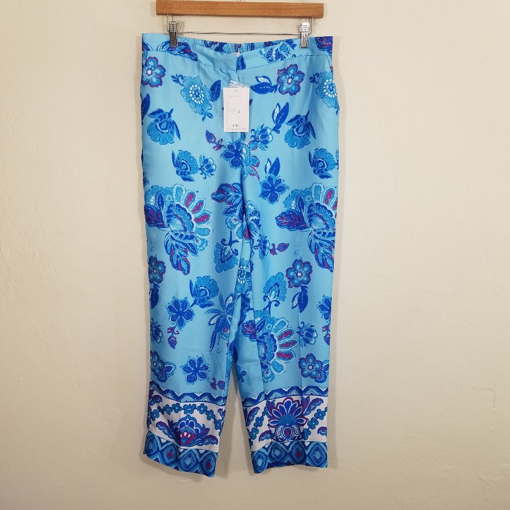 NWT Magaschoni Satin Floral Pants Blue Size‎ L